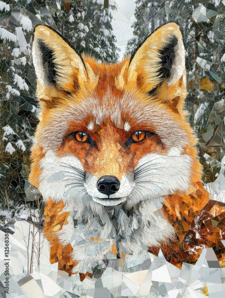 Leinwandbilder intricate mosaic fox portrait set against a snowy forest backdrop showcasing detailed tessellated pa