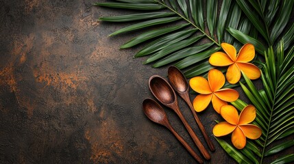 Tropical food blog header wooden spoons, orange flowers, palm leaves on rustic background
