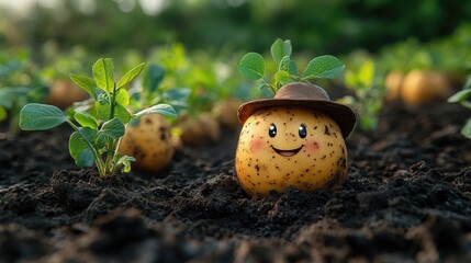 Playful cartoon potato character wearing a hat among growing potato plants in a vibrant field