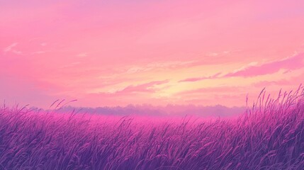 Pink Sunset Over Serene Grassland: A Dreamy Landscape
