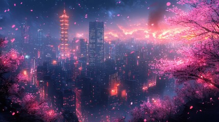 Fototapeta premium A vibrant cityscape at dusk, illuminated by neon lights, surrounded by cherry blossoms in bloom