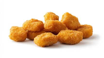 Golden, crispy chicken nuggets piled on a clean white surface, ideal for fast food marketing