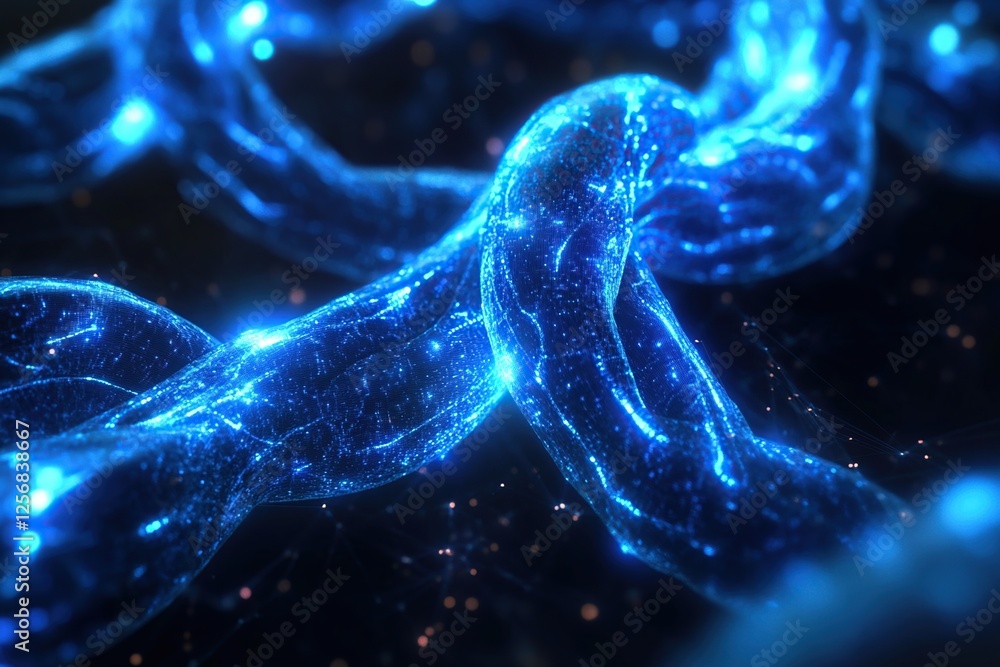 Poster exploring abstract data streams: visualizing network flows with glowing blue energy, futuristic tech