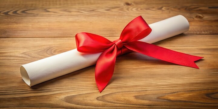 A diploma wrapped in a vibrant bright red ribbon tied into a neat bow atop a wooden desk , bright red, certificate