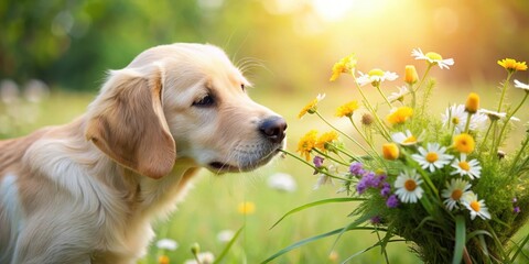 A small golden retriever labrador puppy sniffing chamomile flowers near a colorful bouquet of wildflowers on a lush green meadow, golden retrievers, pet portraits