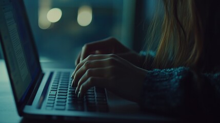 Woman typing on laptop in dimly lit room at night