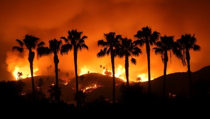 Obraz premium Destructive Wildfire Engulfs Landscape, Silhouetting Palm Trees Against a Fiery Orange Sky