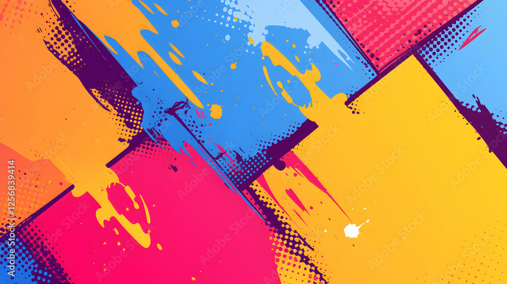 Poster abstract colorful paint splatter background with halftone dots and brushstrokes