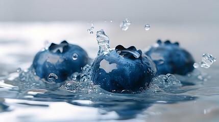 Blueberries splashing water, closeup