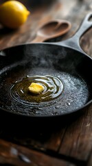 A pat of butter melting in a hot cast-iron skillet, creating sizzling ripples, with steam rising on a rustic wooden surface.