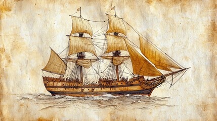 Sailing ship on ocean, aged paper background; history, travel