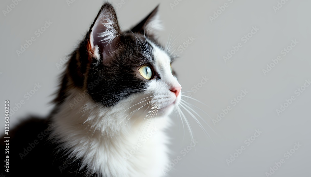 Poster black and white cat portrait view of side face with bokeh effect in studio, with white background