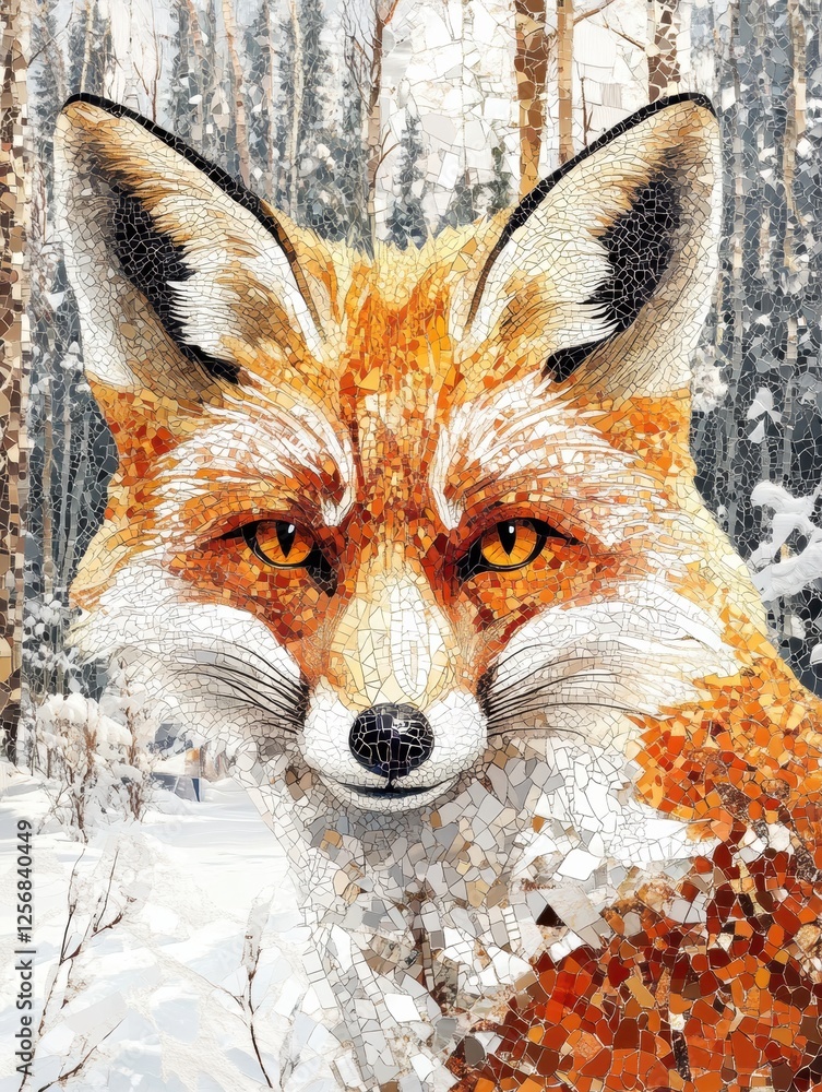 Poster mosaic fox portrait showcasing intricate tessellated patterns in a serene snowy forest setting. gene