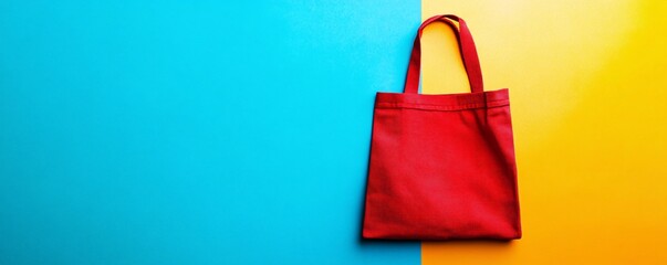 Red reusable canvas tote shopping bag lying on yellow blue background