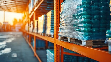 Stacked pallets of green products in a warehouse during sunset, showcasing organized storage