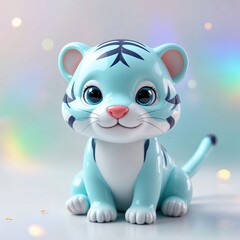 Naklejka premium Blue tiger smiling in the shiny style with plastic animal face with, a pastel background illustration, showcasing an adorable blue tiger character in a plastic shine style with a background