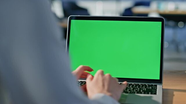 Entrepreneur hands typing mockup laptop at workspace closeup. Unknown woman