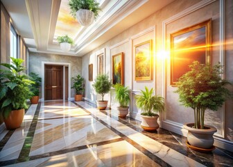 Sunbeam Hallway, Marble Floor, Potted Plants, Artwork, Interior Design, Elegant Home, Sunlight, Golden Hour, Architectural Photography, Luxury Interior, Polished Marble, Light and Shadow