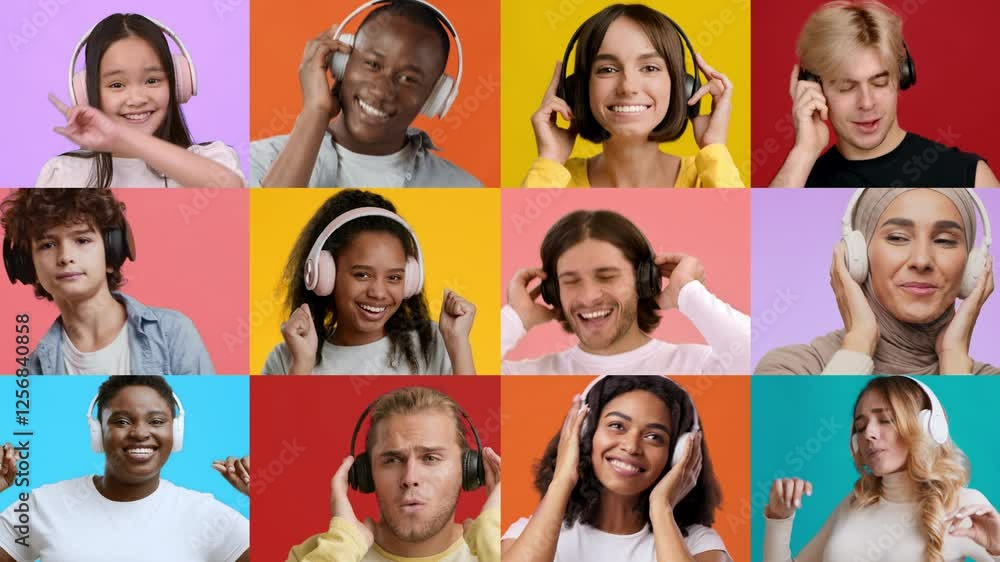 Poster a diverse group of individuals are joyfully listening to music with headphones on, expressing deligh