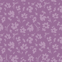 All over vector seamless repeat pattern with ditsy tossed warm purple flowers in tonal mauve palette. Simple and versatile retro cottage everyday ditsy floral backdrop. Shabby chic floral for quilting