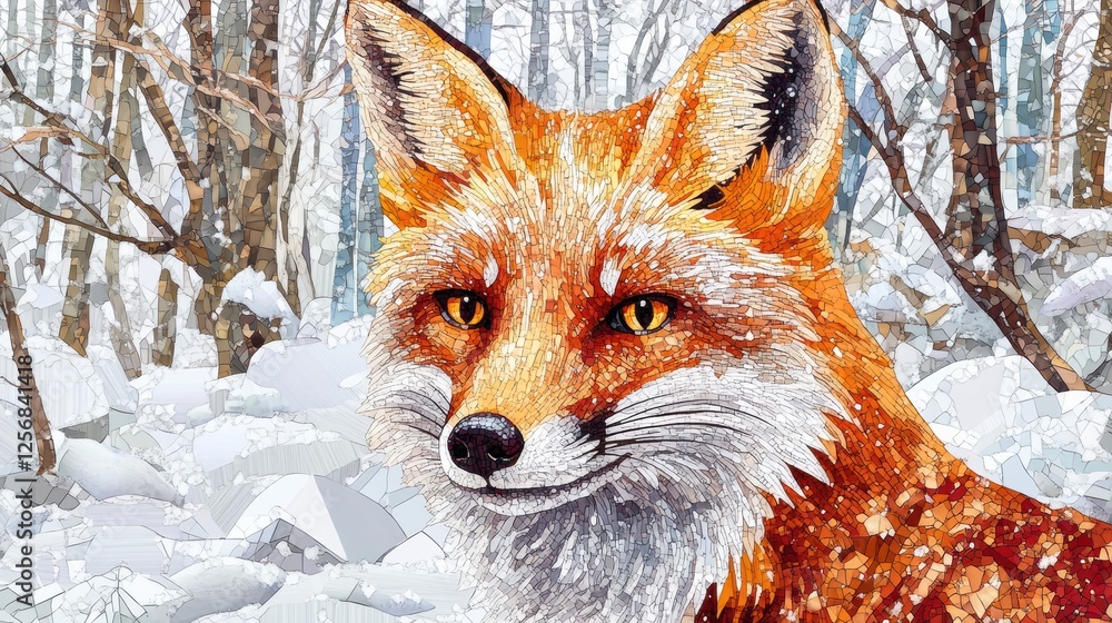 Leinwandbilder intricate mosaic fox portrait against a snowy forest backdrop with captivating tessellated patterns.