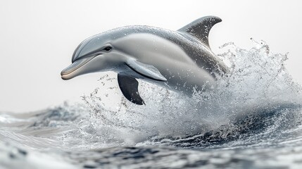Fototapeta premium A dolphin leaps gracefully from the ocean waves, showcasing its playful nature in a serene backdrop