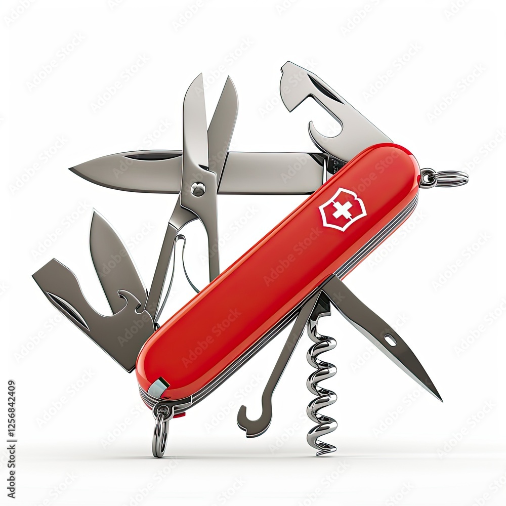 Poster a multifunctional red pocket knife with various tools for versatile use. isolated on white backgroun