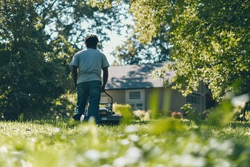 Man Mows Lawn in Backyard with Push Mower on Sunny Day, Maintaining Green Grass Outdoors.