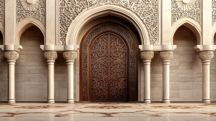Obraz premium A detailed illustration of a mosque entrance, featuring elaborate carvings and arabesque designs