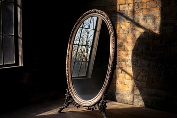 An antique oval mirror stands against a brick wall.