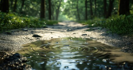Fototapeta premium Forest Puddle Reflections: A Tranquil Forest Path Scene