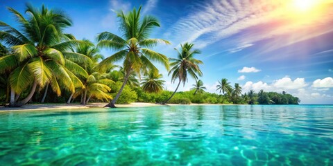 Tropical Paradise Vacation: Crystal Clear Turquoise Ocean, Palm Trees, High Depth of Field
