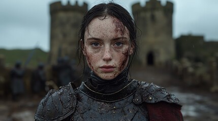 A female warrior stands guard in front of a castle after battle.