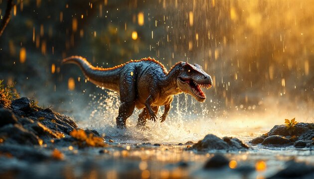 Digital Art of T-Rex dinosaur runs through the water at sunset with lighting in the forest it has orange brown and red colors, Dinosaurs and in a style of lighting with rain-bow effect