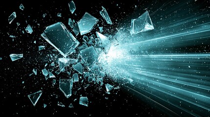 Shattered glass explosion, dark background, light streaks, impact, destruction
