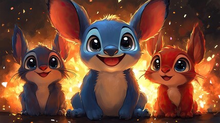 Three colorful cartoon rabbits with large eyes and expressive faces against a fiery background