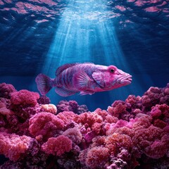 Obraz premium A pink fish swims over a coral reef in clear blue water.