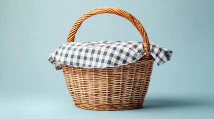 Obraz premium Wicker picnic basket with checkered cloth cover