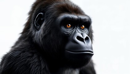 Obraz premium Gorilla Portrait of a gorilla or gorilla style animal in front of a white background, with the focus of a gorilla' emotionless eyes and its black background and lighting in detail in the bright eyes