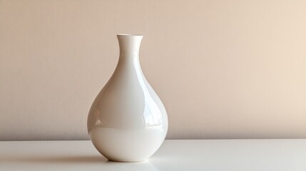 White ceramic vase on table, beige wall background; home decor
