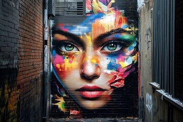 Close-up view of vibrant urban alley mural colorful street art and creative expression