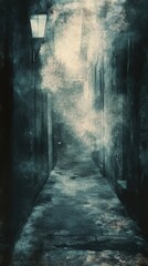 Fototapeta premium Dark and narrow alleyway illuminated by an old gas lamp