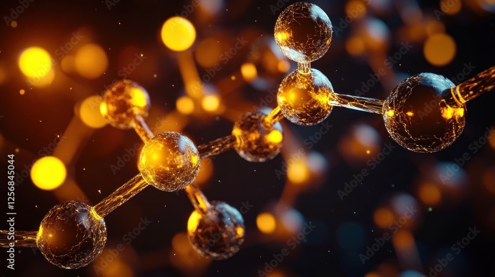 Poster hyper-realistic 3d molecular structure illustration with warm yellow light and dark background