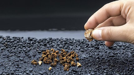 Hand holding a shell over a pile of small shells on a textured black surface by water