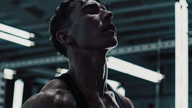 Moody video still of a determined athlete in a gym, captured from a low angle, highlighting intensity and focus under dramatic lighting.