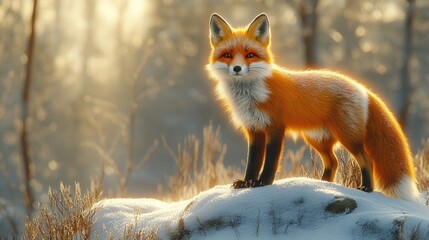 Fototapeta premium A majestic red fox standing on a snowy rock in a serene winter landscape during sunset