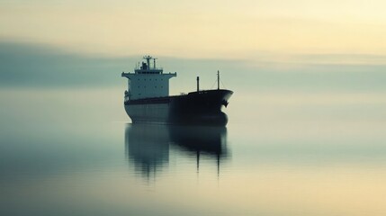 Obraz premium Mysterious Cargo Ship Silhouetted Against a Misty Horizon