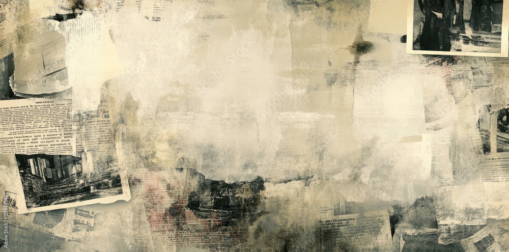 Poster collage of newspaper clippings and paint strokes creating textured background