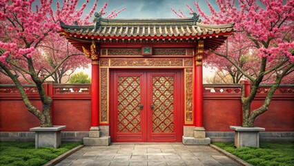 Fototapeta premium Ancient red Chinese gate with ornate details and plum blossoms , ornamental gates, ancient gate entrance