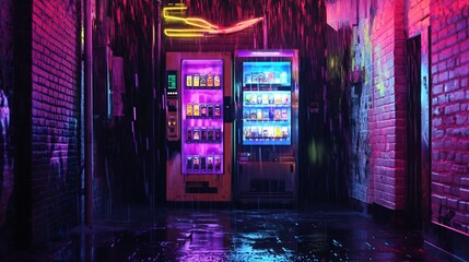 Neon Rain Vending Machines in a Cyberpunk Alleyway